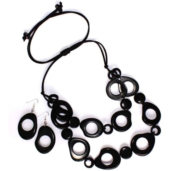 Bold Black Bib Necklace with Beaded Tagua Nut Cascades and Sliding Knot - Picture 7 of 7